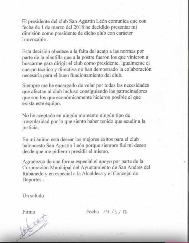 Carta del ya expresidente del CB San Andrés.