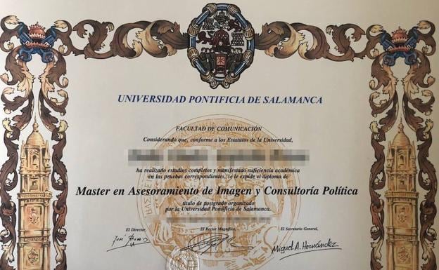 Máster oficial de la Usal en la especialidad en la que Óscar Álvarez aseguró tener la titulación. El diploma nada tiene que ver con el hecho público por el procurador en las Cortes de Castilla y León.