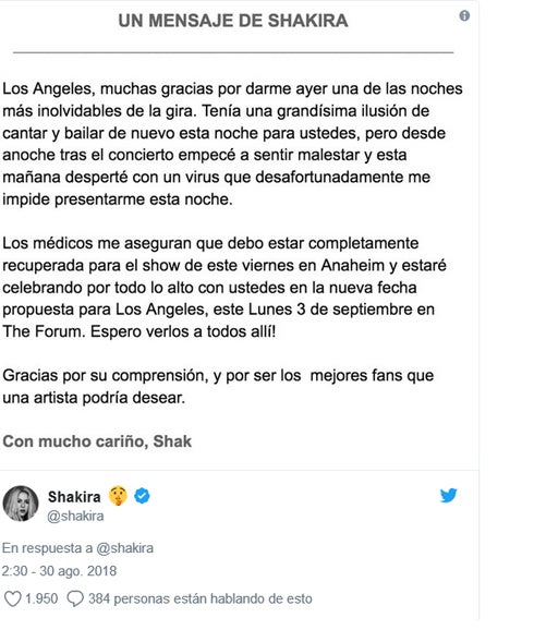 Mensaje publicada por la colombiana. 