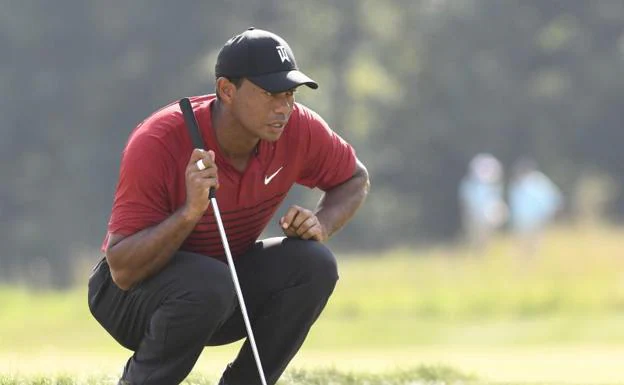 El estadounidense Tiger Woods analiza un 'putt'. 
