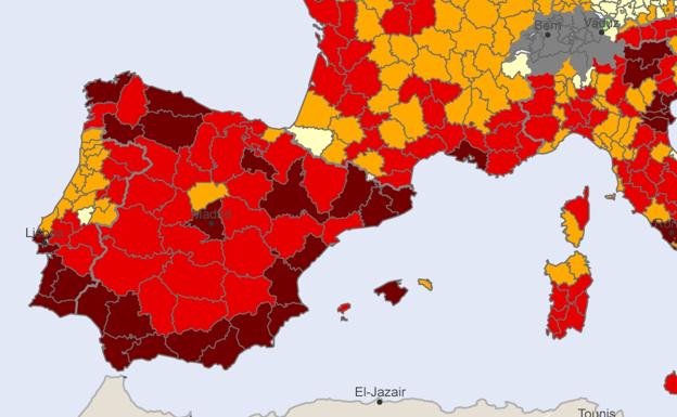 Mapa de España en el que se marcan los riesgos de las diferentes provincias. 