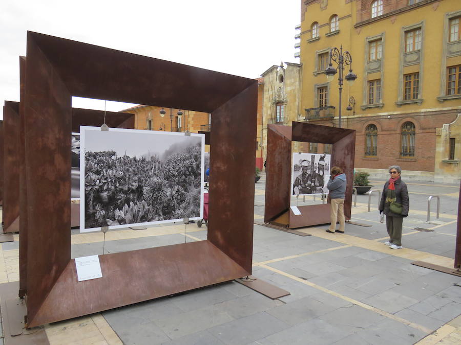 El primer teniente de alcalde, Fernando Salguero, el director de Área de Negocio de CaixaBank en León, Carlos Arruti, y el representante de la obra de Sebastião Salgado en España, Miguel González, inauguran la exposición 'Sebastião Salgado. Génesis. Arte en la calle'.