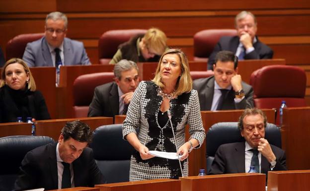 La consejera de Economía y Hacienda, Pilar del Olmo, interviene en el Pleno de las Cortes.