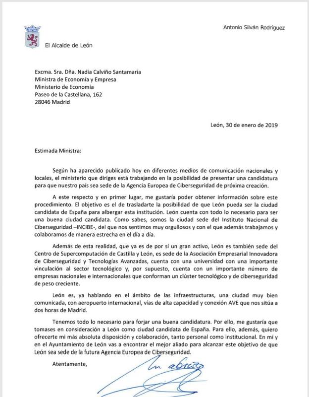 Imagen de la carta remitida por el alcalde de León a la ministra este miércoles.