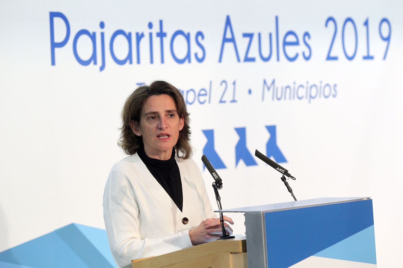 El alcalde de León Antonio Silvan recoge el premio otorgado al ayuntamiento por el programa 'Pajaritas Azules' de la Asocicación Española de Fabricantes de Pasta, Papel y Cartón ( ASPAPEL) a la exelencia en la recogida selectiva de papel y cartón, de manos de la ministra de Transición Ecologica, Teresa Rivera y del presidente de ASPAPEL, Jordi Mercader.