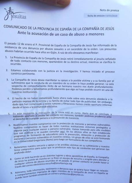 Imagen - Comunicado enviado por los los jesuitas de España.