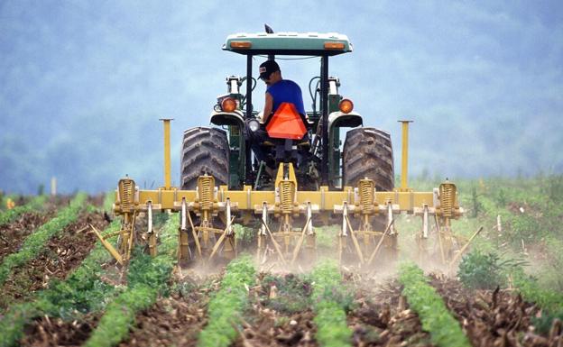 Un agricultor prepara con su tractor una finca dedicada a la agricultura.