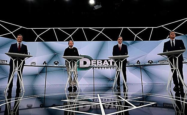 Los cuatro candidatos a la presidencia del Gobierno de España durante el debaje electoral de Atresmedia.