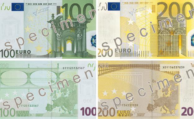 Nuevos billetes de 100 y 200 euros (anverso y reverso). 