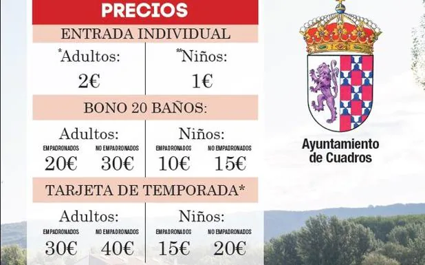 Cartel de precios de las piscinas 2019-