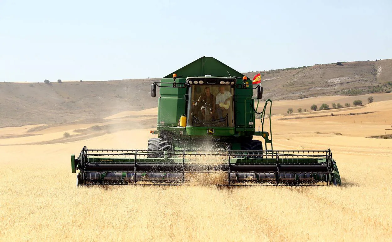 El consejero de Agricultura, Ganadería y Desarrollo Rural, Jesús Julio Carnero, sube a una cosechadora después de presentar la estimación de la cosecha de cereales de la presente campaña. 