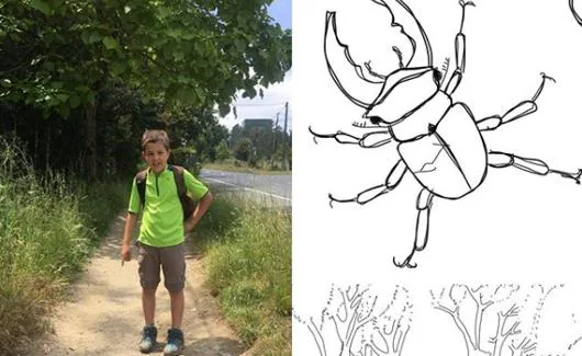 Santi en el camino en el que encontró al escarabajo, al que después dibujó.