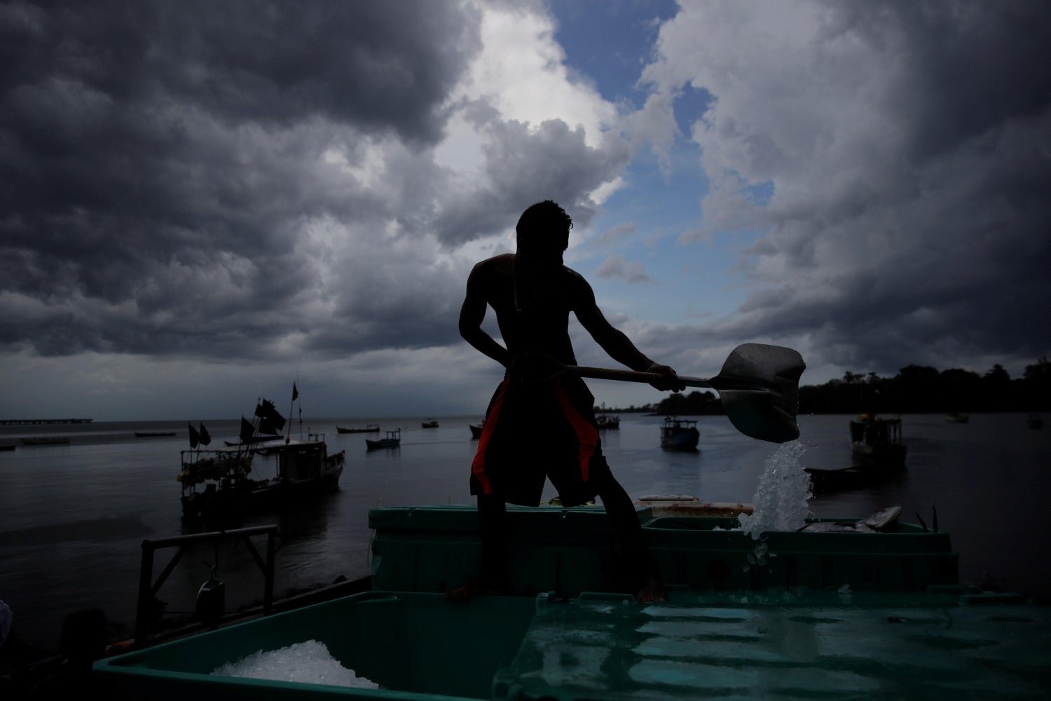 Un pescador enfría con hielo capturas de peces dorado en las costas del barrio del Chorrillo en la bahía de Panamá en el océano pacífico. Decenas de embarcaciones pesqueras trabajan diariamente en el negocio de los mariscos, Enrique Luis Brathwaite de 67 años es miembro de la cooperativa de pescadores del Chorrillo fundada en 1960, cuenta que la mayoría de la pesca se vende al por mayor a exportadores y otra al mercado de mariscos en la capital. 