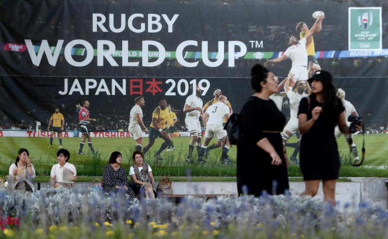 Cartel del Mundial de rugby en Kobe (Japón).