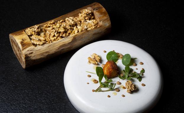 Imagen principal - Ensalada de queso de cabra, con nueces y miel. Sopa blanca de piñón y cebada con trucha y mousse de avellana con crema de algarroba y galleta. 