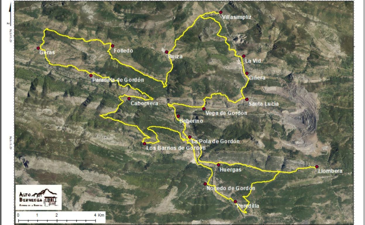 Mapa de las rutas que unen los 17 pueblos del municipio de Gordón.