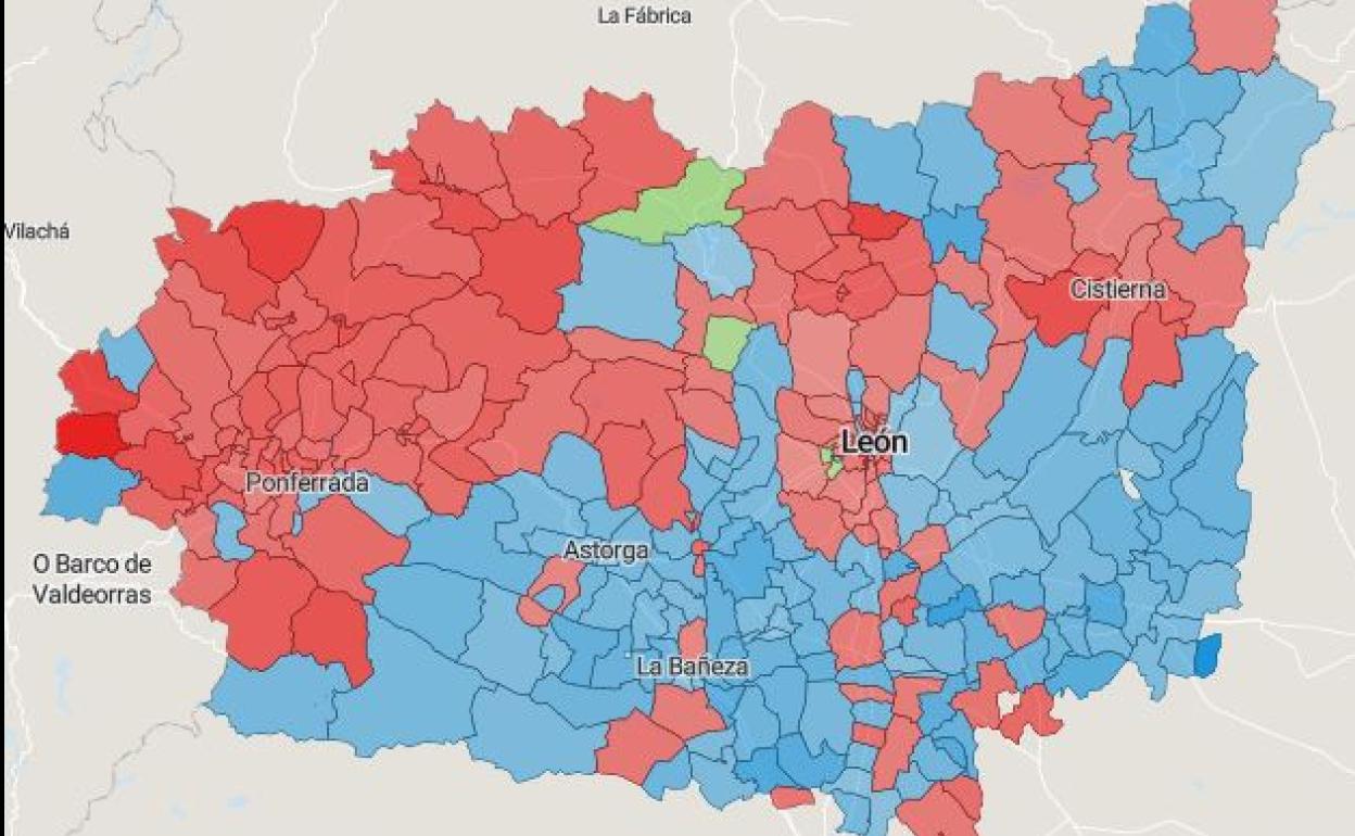 Mapa de la provincia de León según el partido más votado.