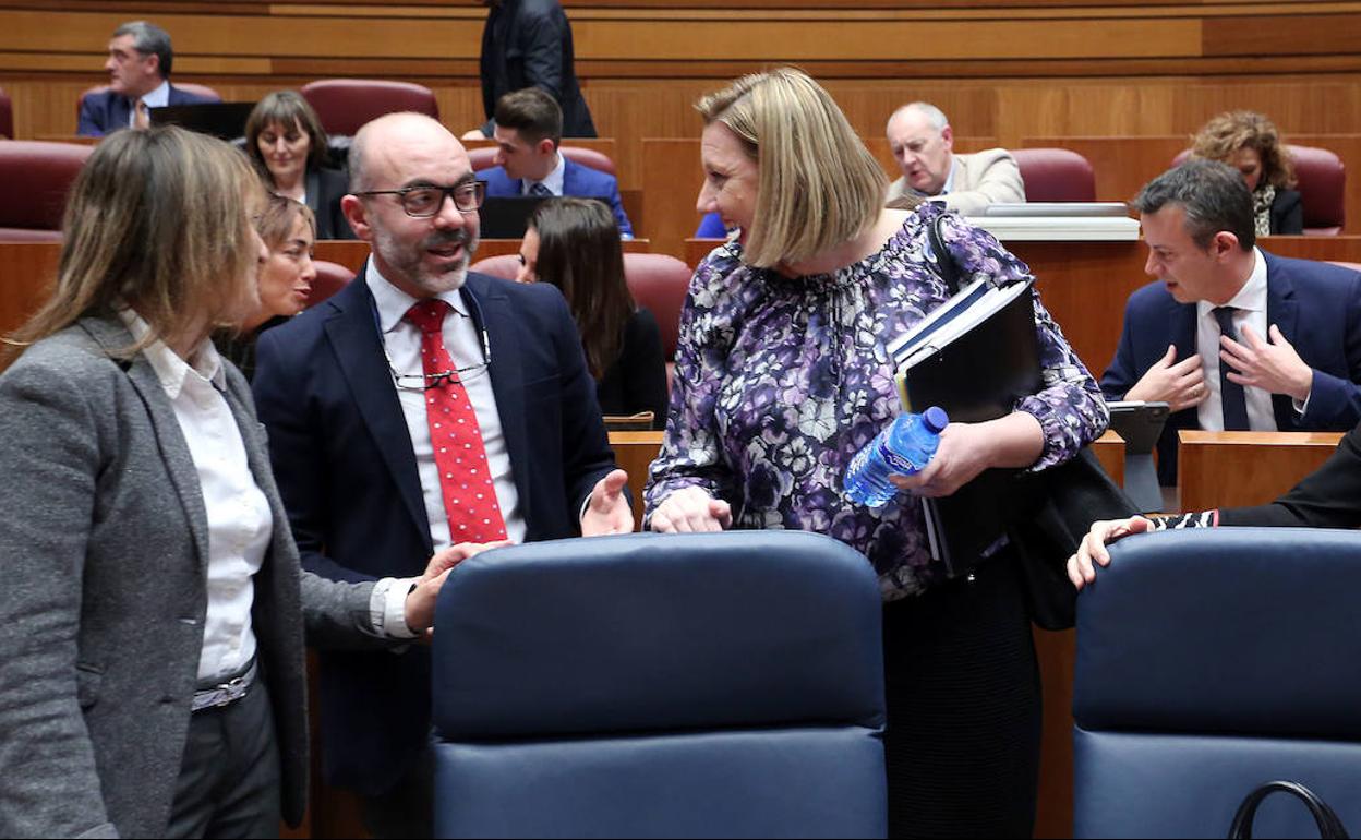 Los consejeros de Educación, de Cultura, de Familia y de Sanidad, Rocío Lucas, Javier Ortega, Isabel Blanco y Verónica Casado, conversan antes de dar comienzo el Pleno de las Cortes de Castilla y León.