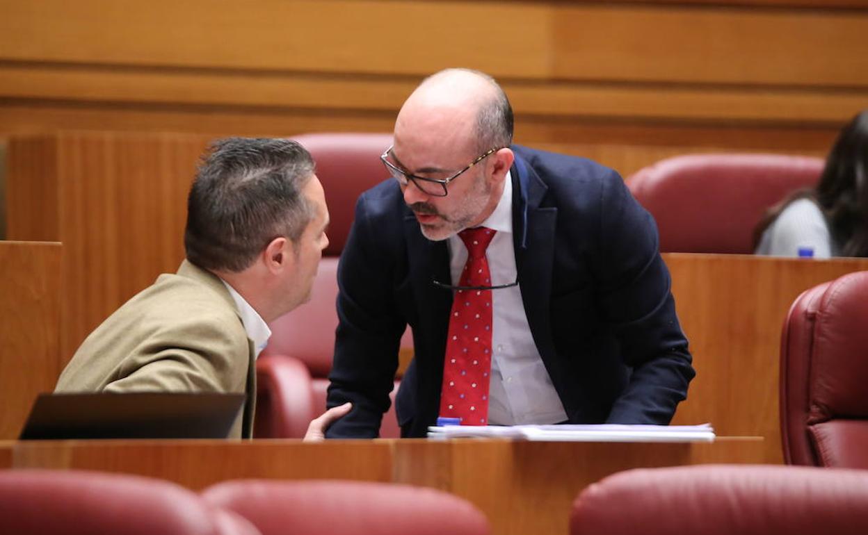 El consejero de Cultura, Javier Ortega, conversa con el procurador socialista Pedro González Reglero durante el Pleno de las Cortes de Castilla y León.