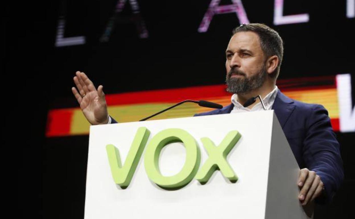 El presidente de Vox, Santiago Abascal, en el palacio de Vistalegre (Madrid).