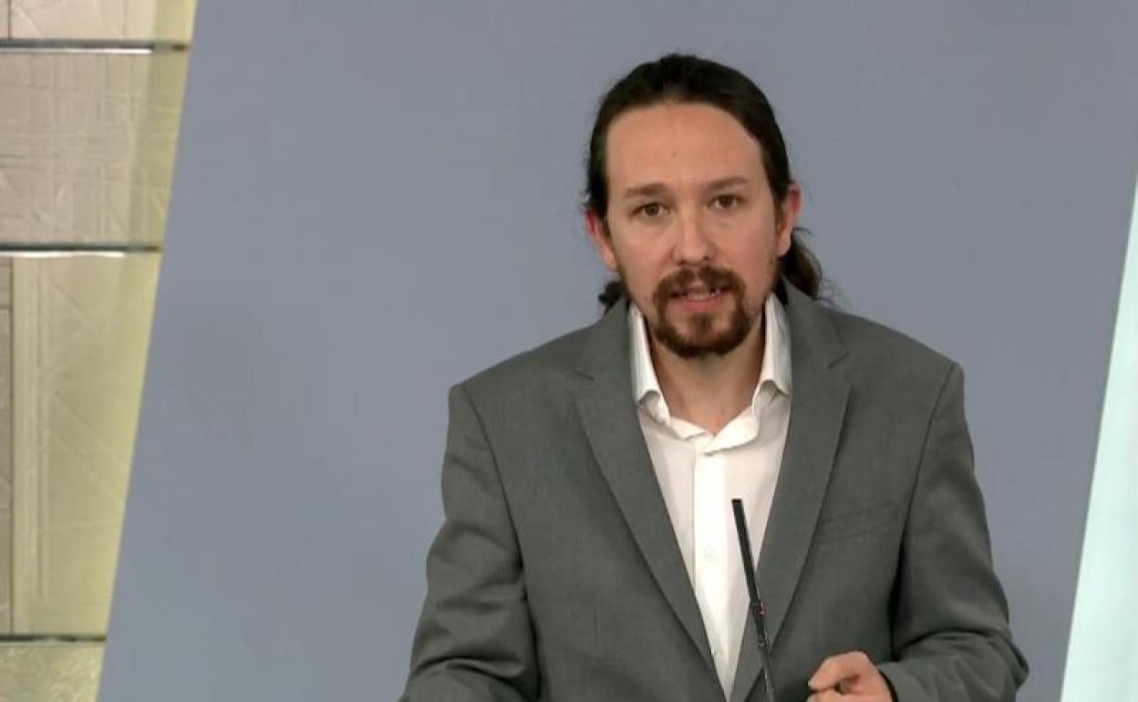 El vicepresidente de Derechos Sociales, Pablo Iglesias, hoy en la rueda de prensa tras el Consejo de Ministros 