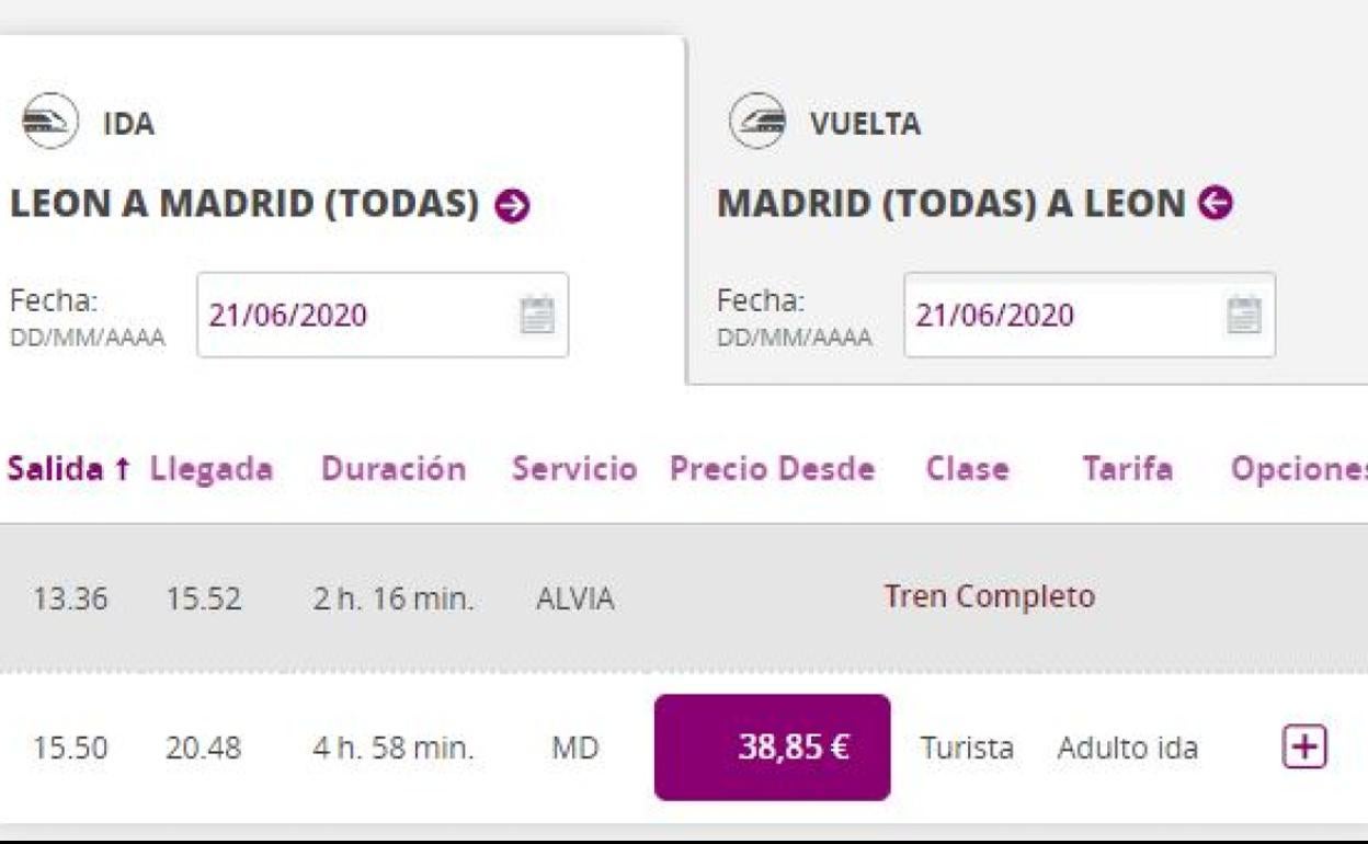 Pantallazo de la página web de Renfe.