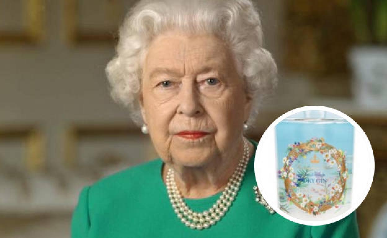 La reina de Inglaterra con la botella de ginebra. 