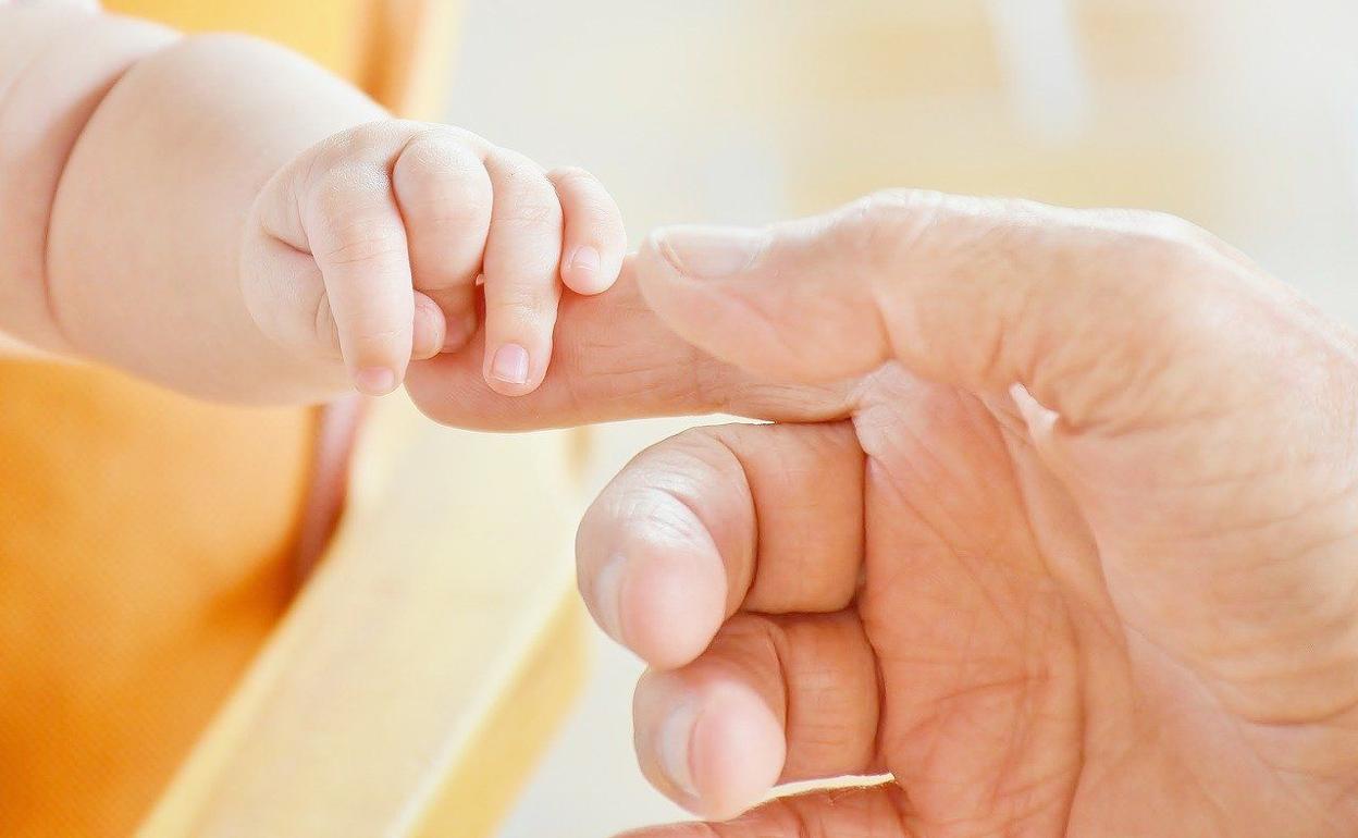 Imagen de la mano de un bebé agarrando la mano de un adulto.