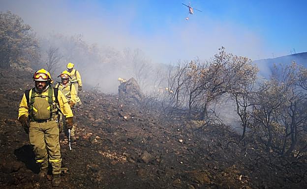 Imagen. Los brigadistas en el incendio de Villagatón. 