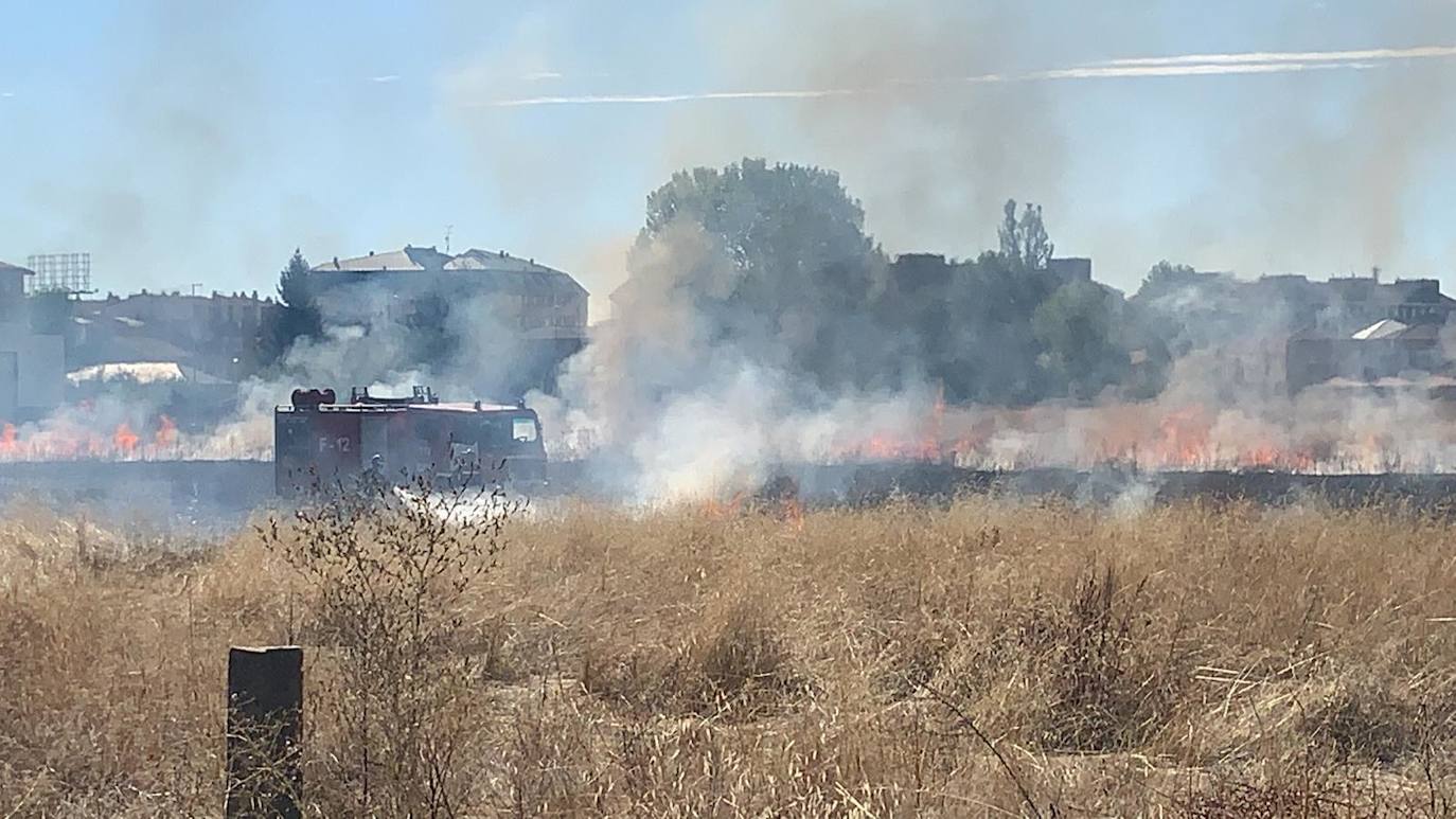 Una dotación de Bomberos de la capital leonesa ha tenido que intervenir para sofocar las llamas, que han arrasado la maleza de la parcela. 