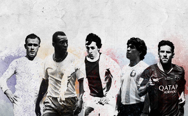 De izquierda a derecha, Di Stéfano, Pelé, Cruyff, Maradona y Messi 