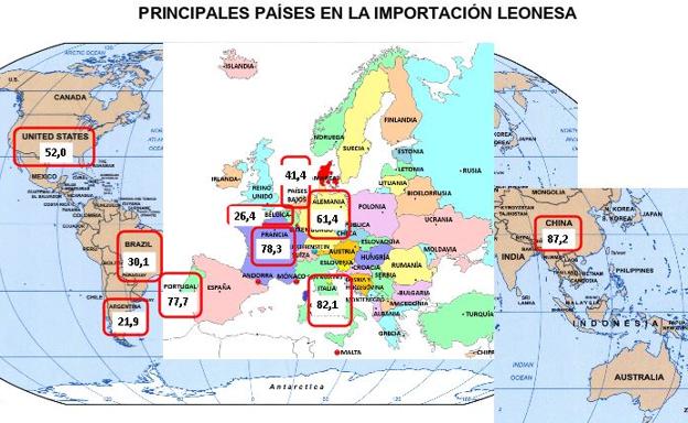 Mapa del estudio de la Cámara de Comercio sobre las exportaciones leonesas en los diferentes países. 