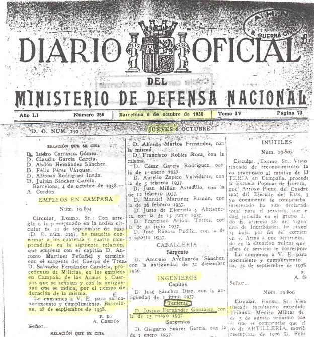 Diario oficial del Ministerio de Defensa, donde figura Jovino como teniente en 1938. 