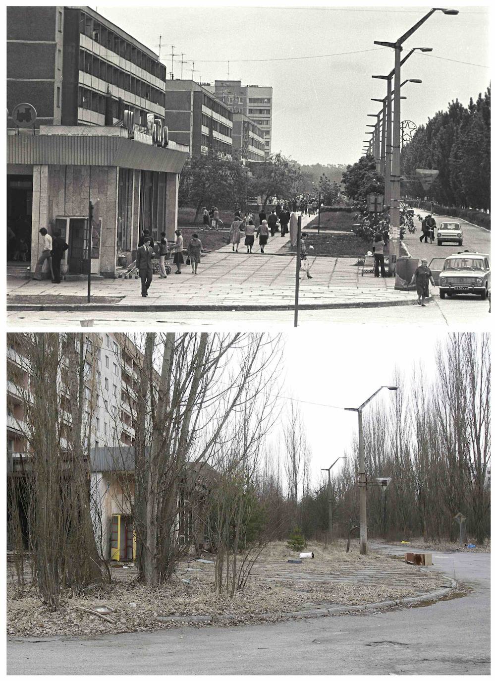 La madrugada del 26 de abril de 1986 la explosión del reactor número 4 de la central nuclear de Chernóbil (actual Ucrania) derivó en la mayor tragedia nuclear de la historia. Aún se desconoce la cifra real de fallecidos. Más de treinta personas murieron esa misma noche y en torno al millar después, aunque el hermetismo y ocultación de la URSS imposibilitaron evaluar el impacto real de la catástrofe. Este es un viaje en el tiempo al escenario del suceso, con instantáneas de entonces y también actuales.