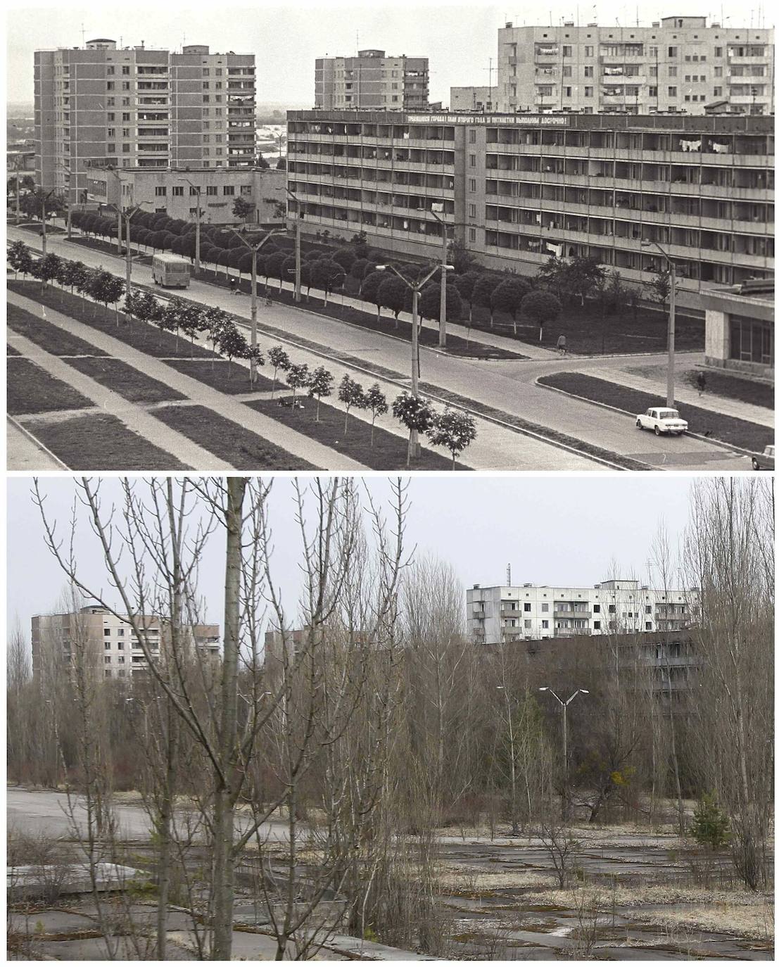 La madrugada del 26 de abril de 1986 la explosión del reactor número 4 de la central nuclear de Chernóbil (actual Ucrania) derivó en la mayor tragedia nuclear de la historia. Aún se desconoce la cifra real de fallecidos. Más de treinta personas murieron esa misma noche y en torno al millar después, aunque el hermetismo y ocultación de la URSS imposibilitaron evaluar el impacto real de la catástrofe. Este es un viaje en el tiempo al escenario del suceso, con instantáneas de entonces y también actuales.