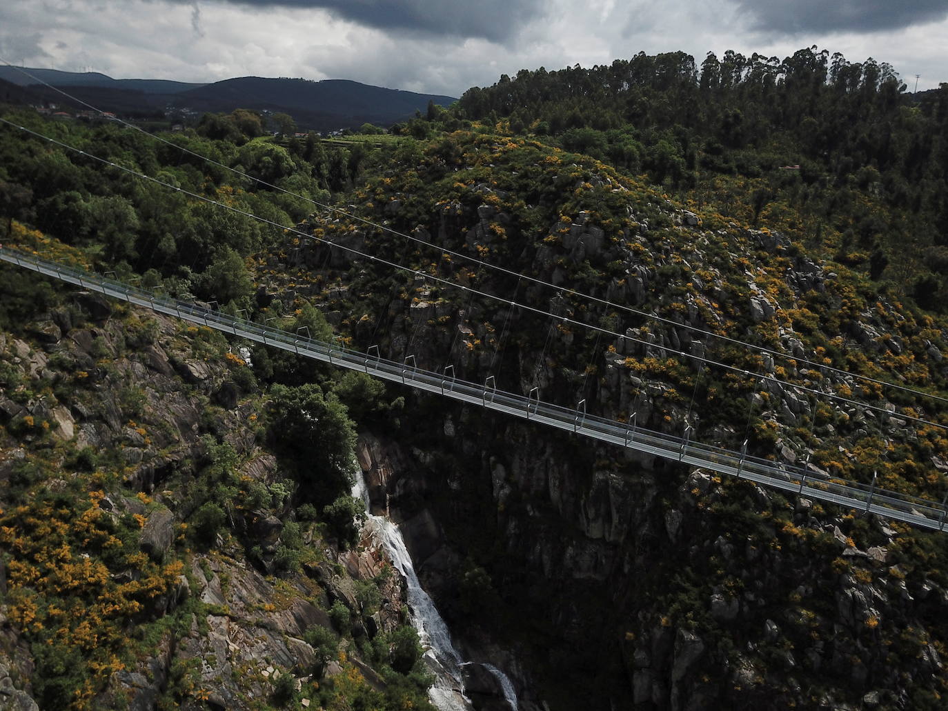 Portugal inauguró este jueves 29 de abril el puente peatonal suspendido más largo del mundo, a 175 metros sobre el río Paiva, en el norte, y que con sus 516 metros supera el récord establecido en 2017 por la pasarela Charles Kuonen de los Alpes suizos. El puente atraviesa un barranco granítico del municipio de Arouca y está formado por 127 planchas de rejilla con barandillas metálicas de 1,20 metros de ancho, sujetas por cables de acero a unos pilares en forma de 'V' situados a cada extremo.