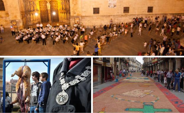 Arriba, baile de 'La rueda' en la plaza de la catedral. Debajo, un cerdo abierto en canal durante las Jornadas de la Matanza y alfombra floral elaborada con motivo del Corpus Christi.