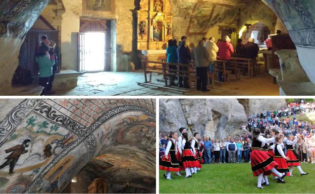 Arriba, interior de la ermita de San Tirso y San Bernabé. Debajo, detalle de una de las pinturas que decoran sus muros y techos, que datan de 1705 y 1877, y danzas tradicionales el día de la romería.