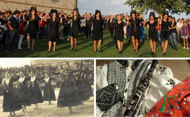 Arriba, las comisarias en la romería de la Virgen del Bustar. Debajo, una de las primeras fotografías que existen bailando la jota en Carbonero y bordado de prensas en camisa de corchados y chaleco.