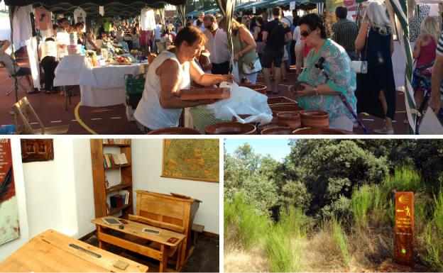 Arriba, una mujer adquiere una cazuela en la Feria de Artesanía. Debajo, recreación de una antigua aula en el Museo Etnográfico de Lorenzana y Ruta de San Salvador en Cabanillas, que es parte del Camino de Santiago.