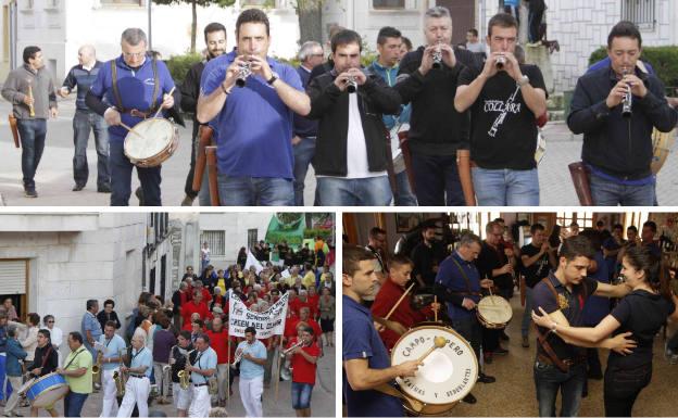 Arriba, participantes en la Fiesta de la Dulzaina. Debajo, desfile de peñas durante las celebraciones con motivo de la Virgen de la Asunción y una pareja bailando al son de la música castellana.