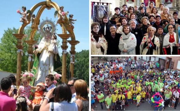 A la izquierda, niños subidos a las andas de la Virgen del Olmo durante la procesión en su honor. Al lado, águedas de Villaescusa y peñistas del municipio.