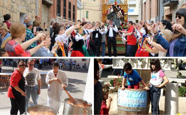 Arriba, los castrilleros danzan en honor a San Antonio de Padua durante la procesión. Debajo, los vecinos durante la preparación del cocido en la Fiesta de la Matanza y niños disfrutando del pisado de la uva en la Fiesta de la Vendimia de Castrillo de Don Juan.