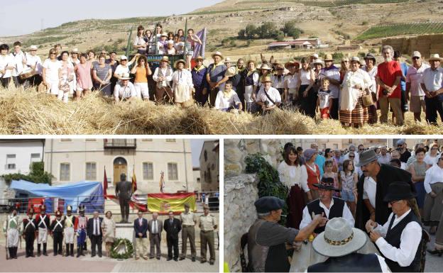 Arriba, participantes en la Fiesta de la Siega de Castrillo de Duero. Debajo, acto de homenaje y entrega de reconocimientos del Círculo Histórico Cultural El Empecinado y cuatro vecinos rememorando cómo eran las partidas de cartas de antaño.