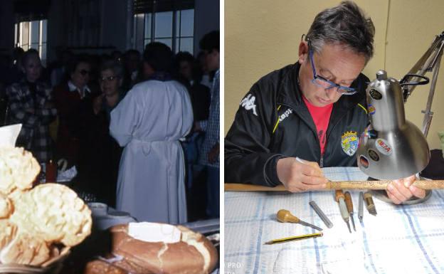 Misa por San Andrés, con las ofrendas que se realizan al santo en primer término, y a la derecha Luis Javier Sánchez Mateos realizando trabajos propios del arte pastoril.