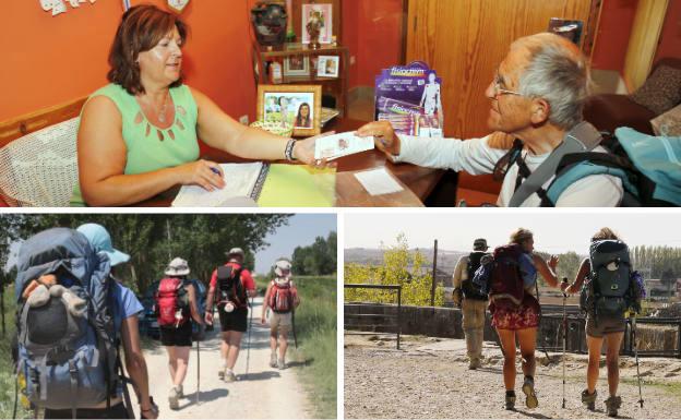 Arriba, un peregrino belga entrega su compostela en el albergue municipal de Frómista. Debajo, varios caminantes atraviesan la Ruta Jacobea a su paso por el pueblo.