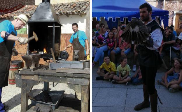 Dos herreros y un cetrero durante sendas exhibiciones en el Mercado Medieval.