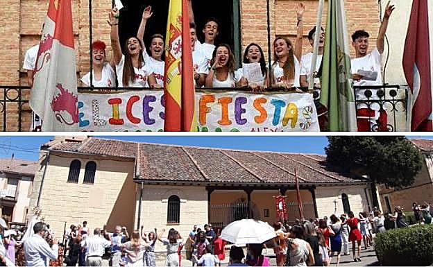Arriba, los quintos en la balconada del Ayuntamiento. Debajo, procesión de San Roque.