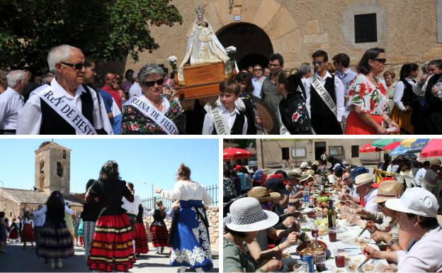 Arriba, procesión de Nuestra Señora de las Dehesas. Debajo, bailes tradicionales y comida de hermandad.