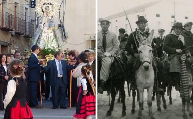 Procesión de la Virgen del Rosario y quintos de otra época, que corrían los gallos en burro.